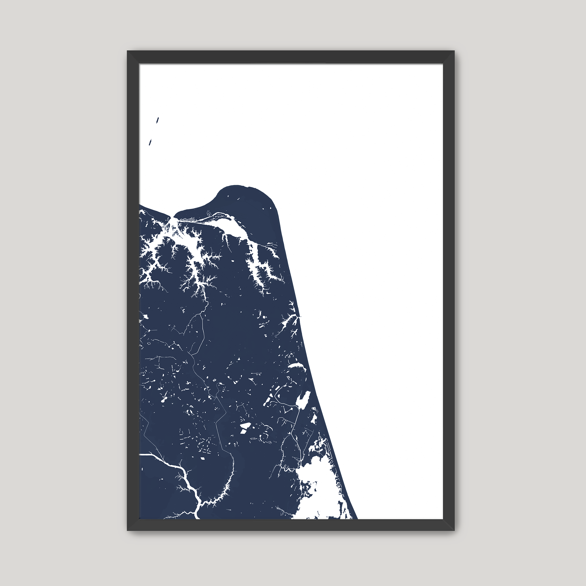 Virginia Beach Coastal Map — Fine Art Print Vertical, navy, Black Frame, 8x10