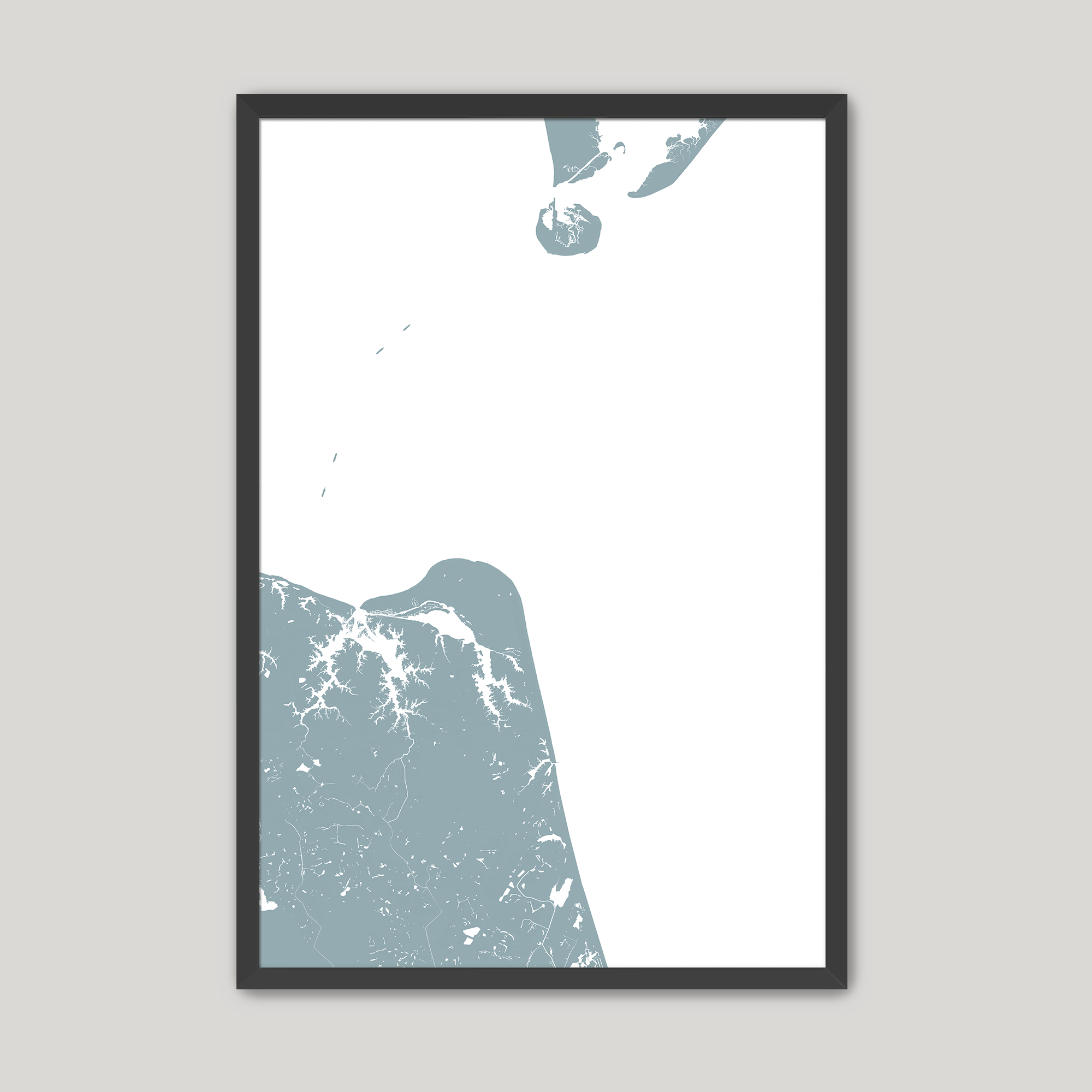 Virginia Beach Coastal Map — Fine Art Print Vertical, soft-blue, Black Frame, 8x10