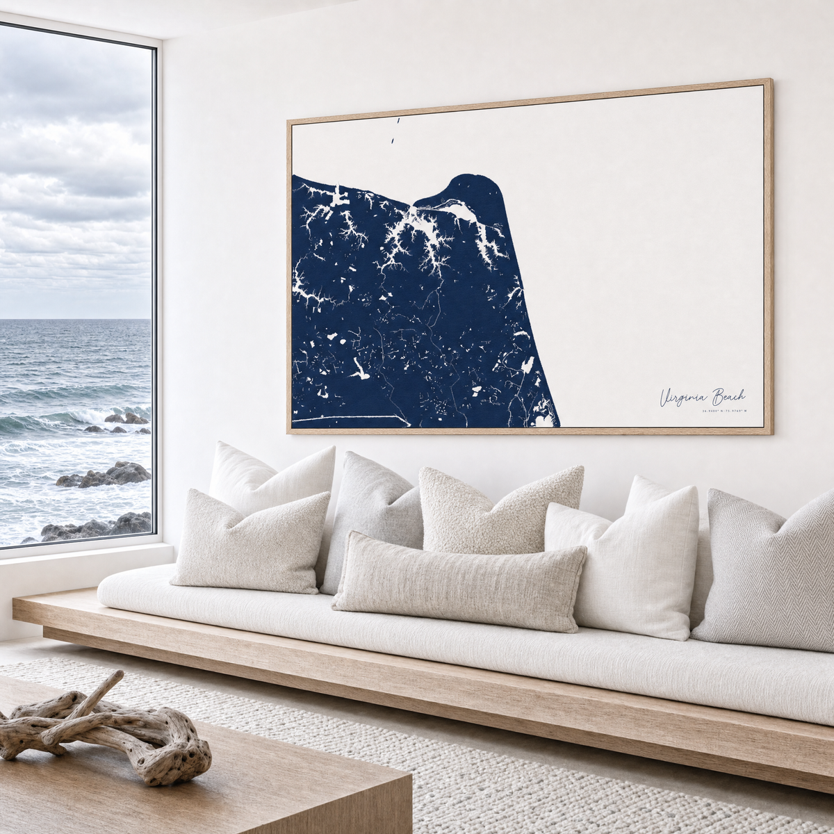 Virginia Beach canvas map — sea-view bench interior