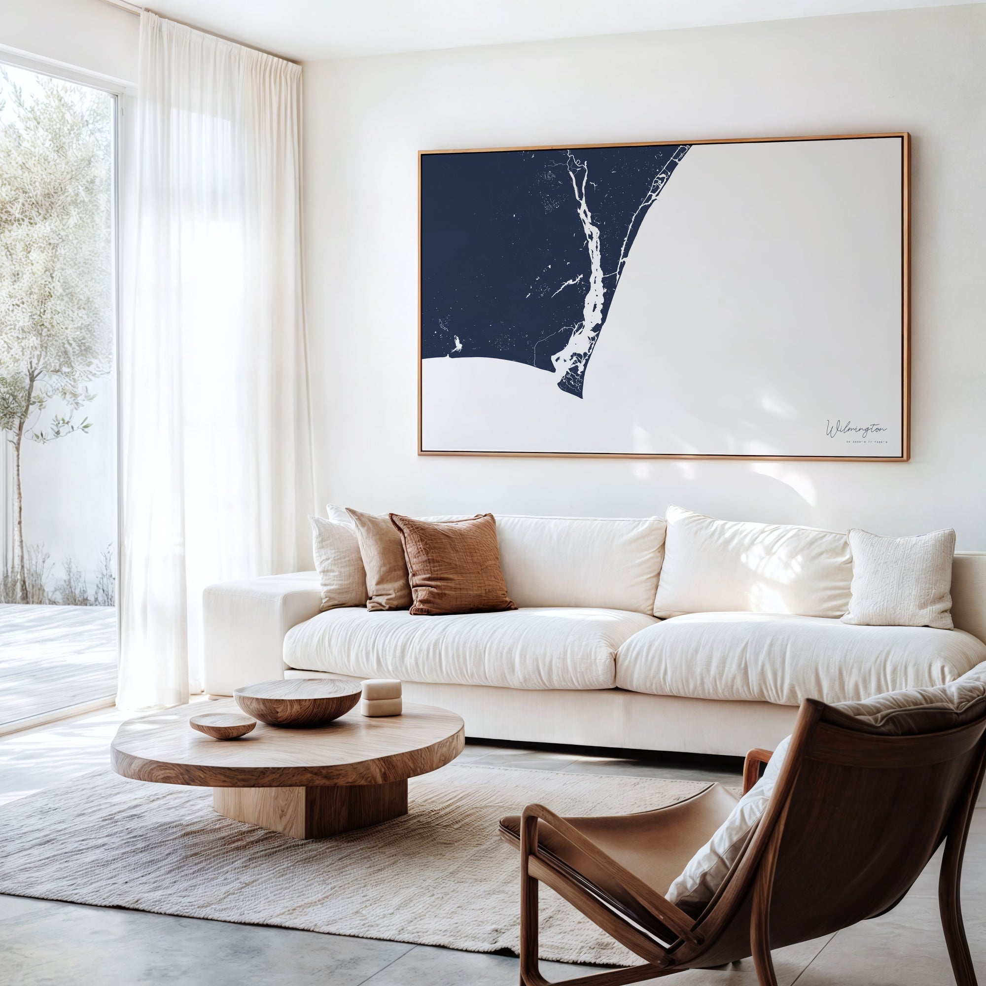 Wilmington navy horizontal canvas map in an oak framed room scene