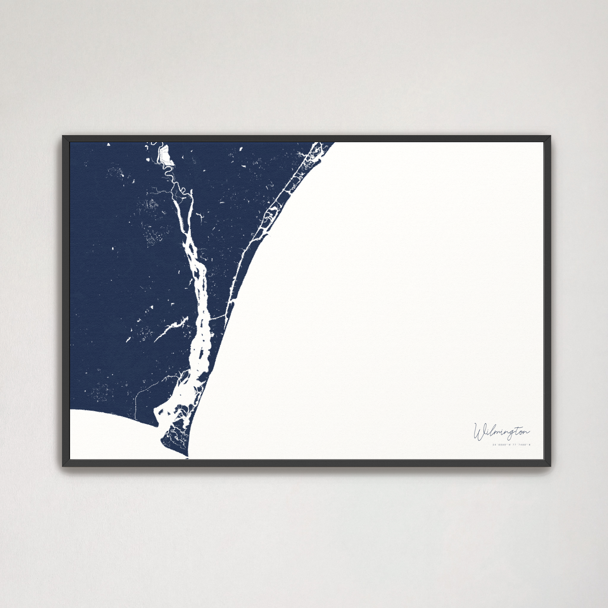 Wilmington Coastal Map — Canvas Horizontal, navy, Black Frame
