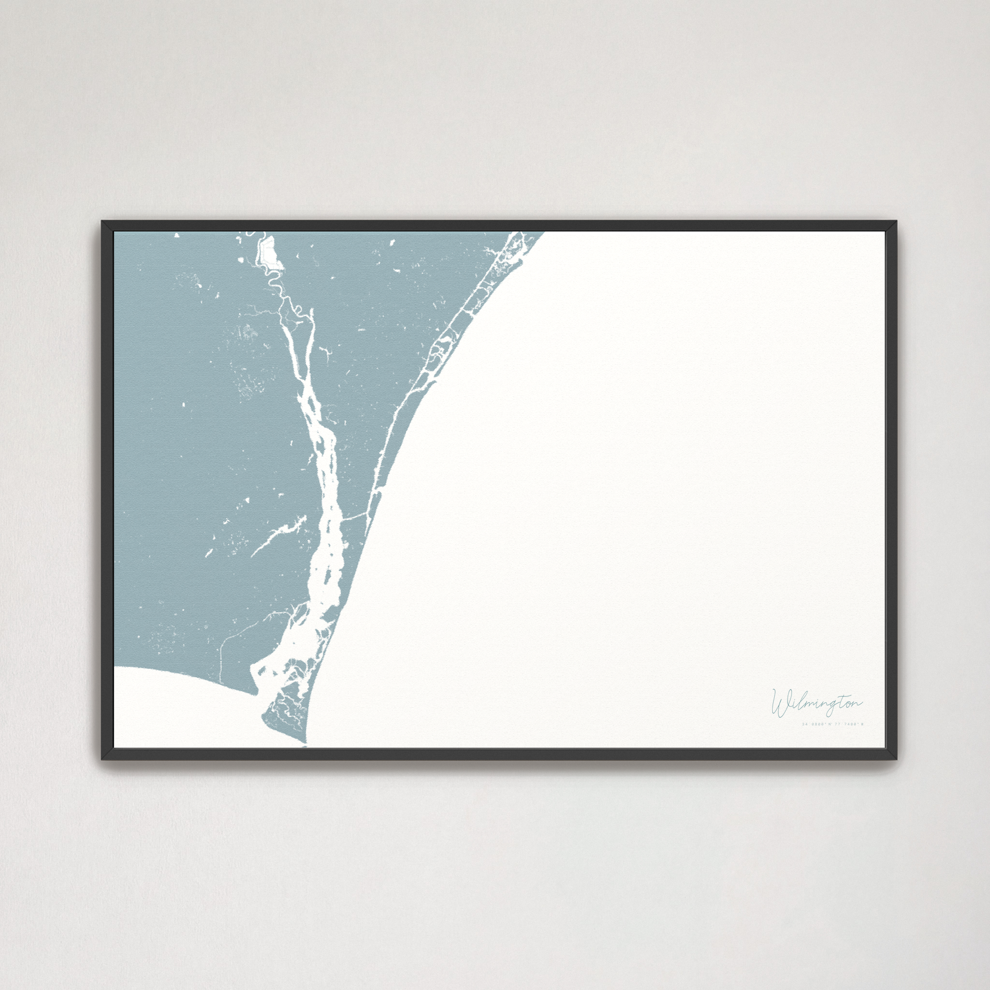 Wilmington Coastal Map — Canvas Horizontal, soft-blue, Black Frame