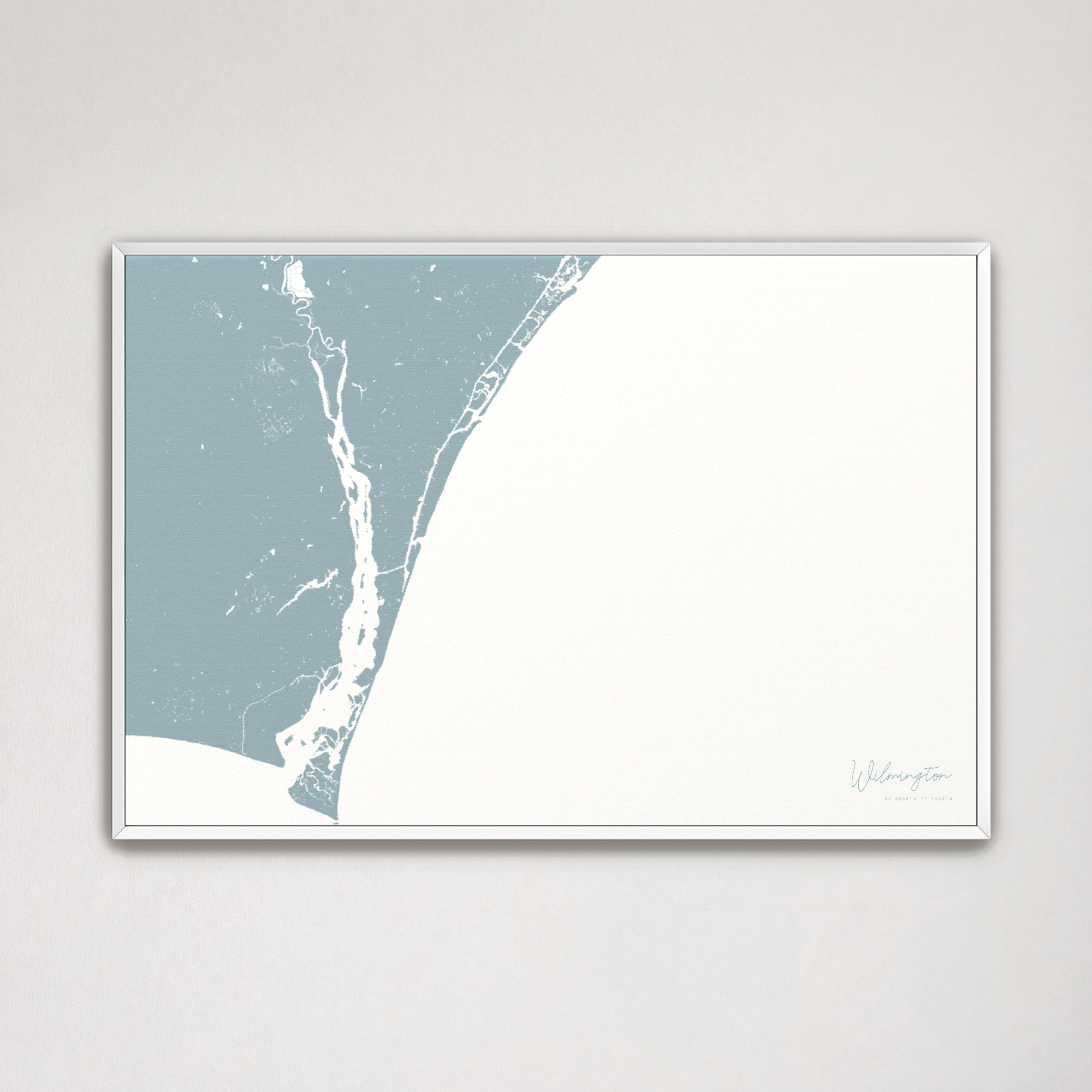 Wilmington Coastal Map — Canvas Horizontal, soft-blue, White Frame
