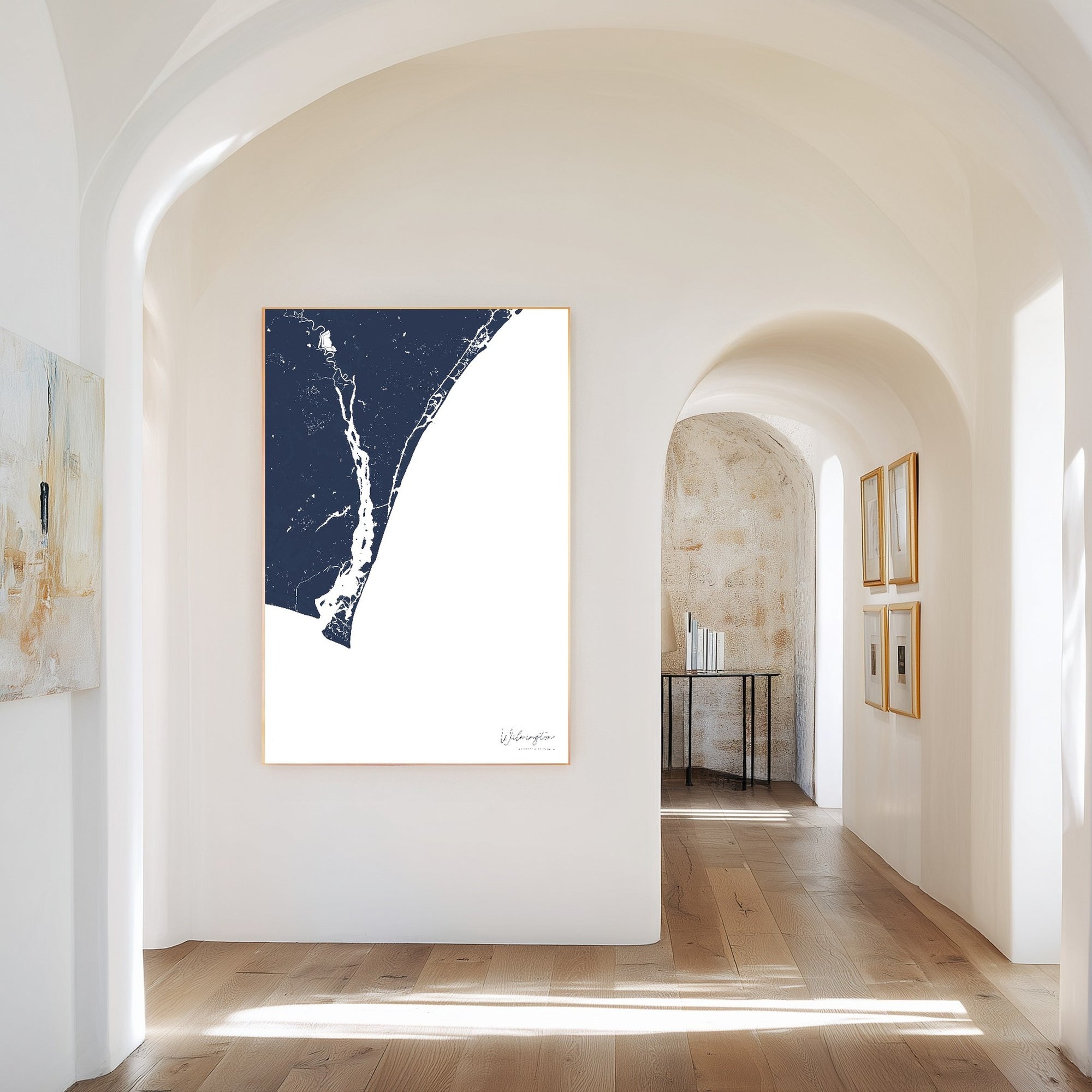 Wilmington navy vertical canvas map in the Bello mixed room scene