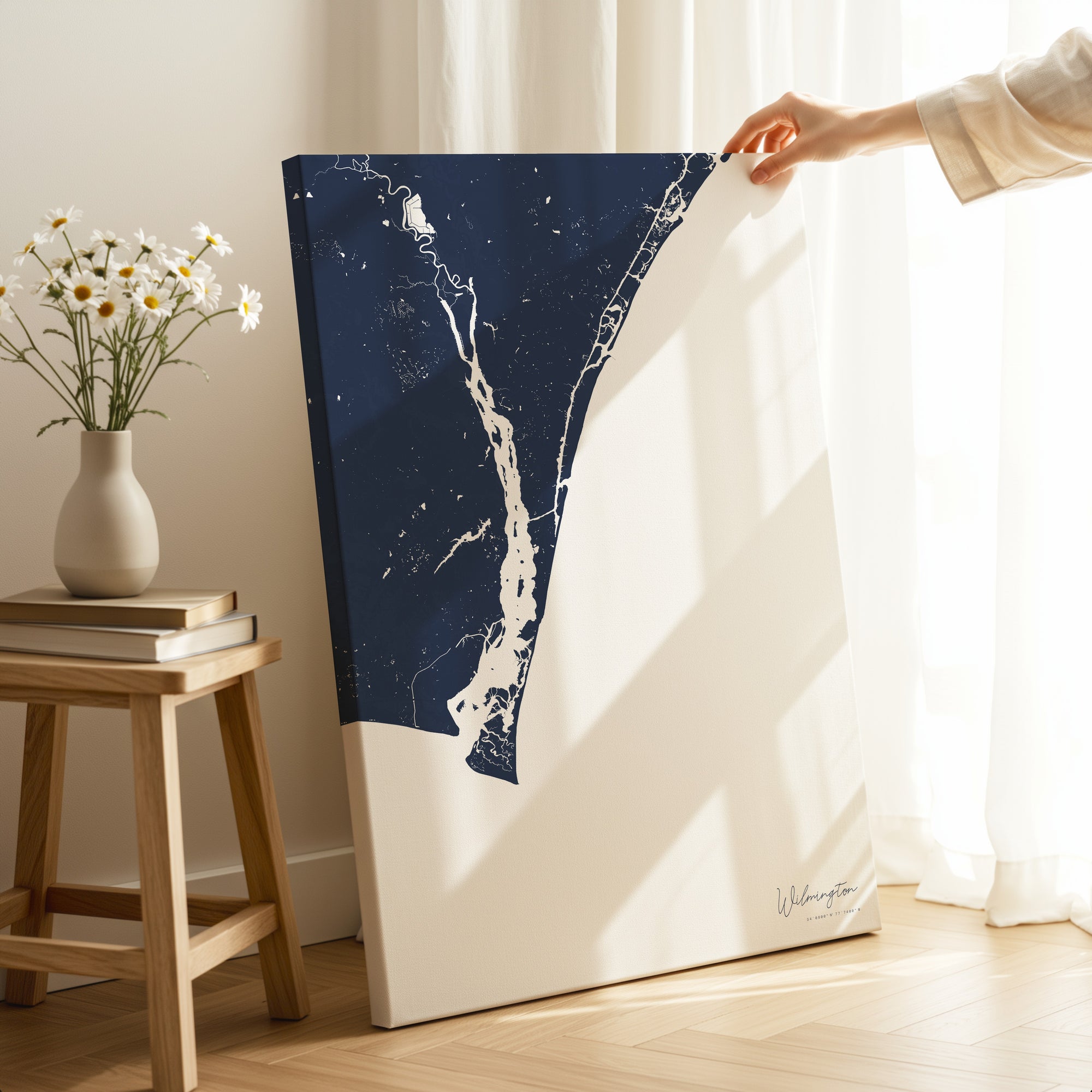 Wilmington navy vertical wrapped canvas map in the ratio 2:3 hand mockup