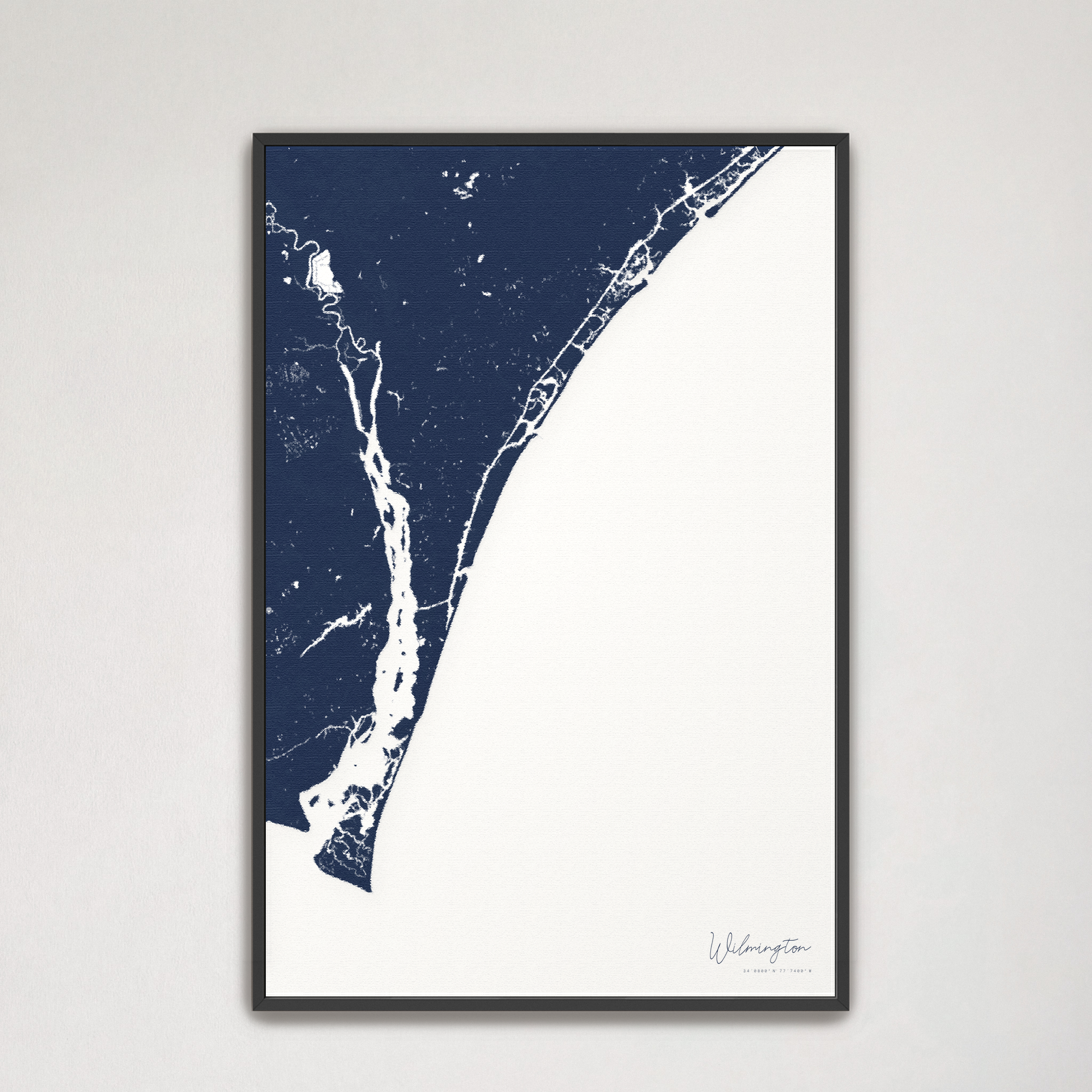 Wilmington Coastal Map — Canvas Vertical, navy, Black Frame