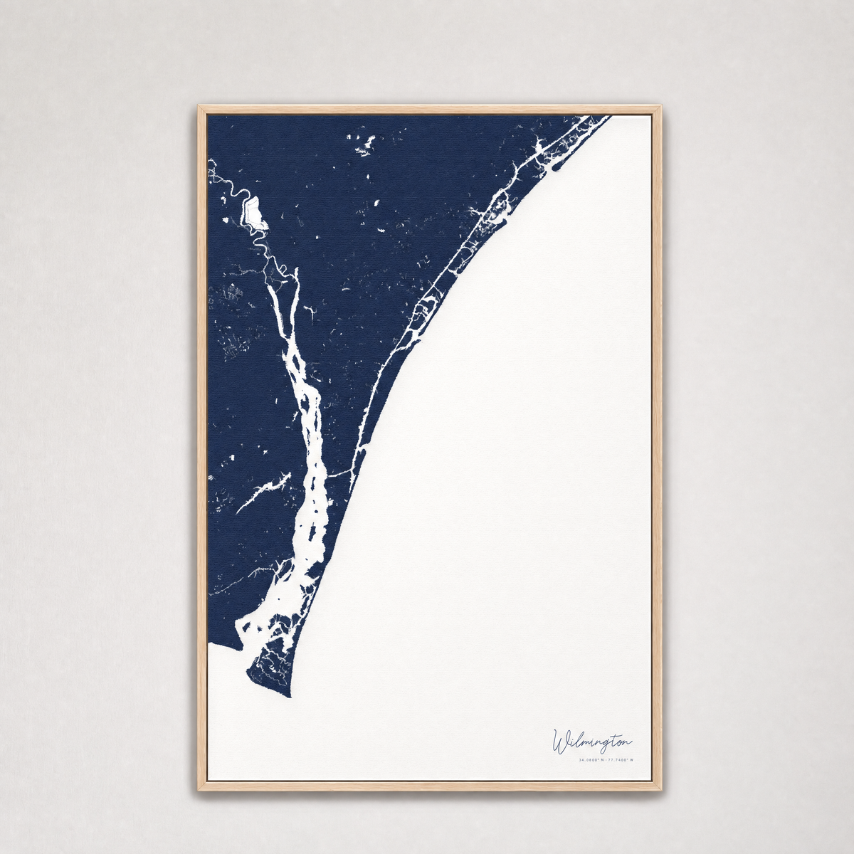 Wilmington Coastal Map — Canvas Vertical — navy, Light Wood