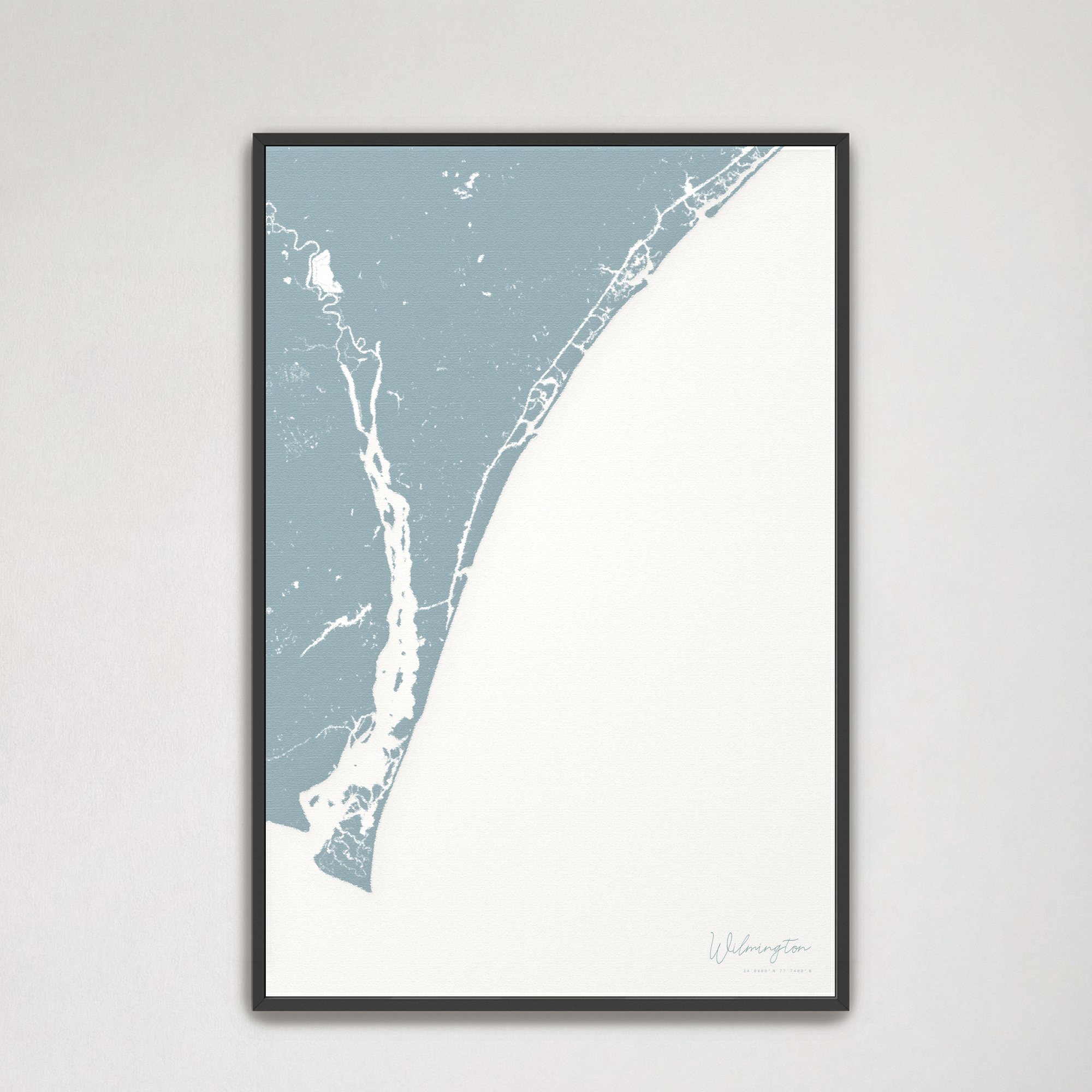 Wilmington Coastal Map — Canvas Vertical, soft-blue, Black Frame