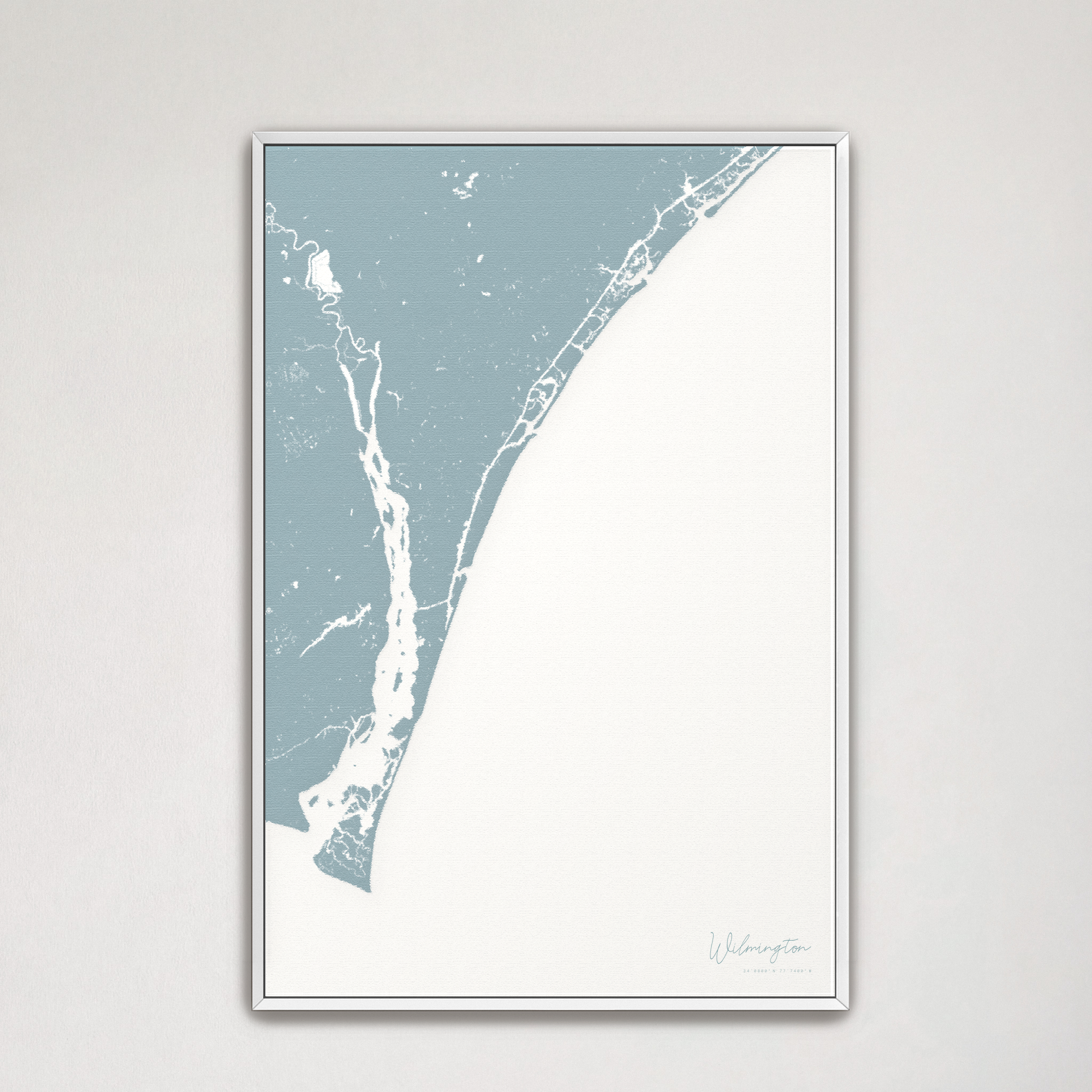 Wilmington Coastal Map — Canvas Vertical, soft-blue, White Frame