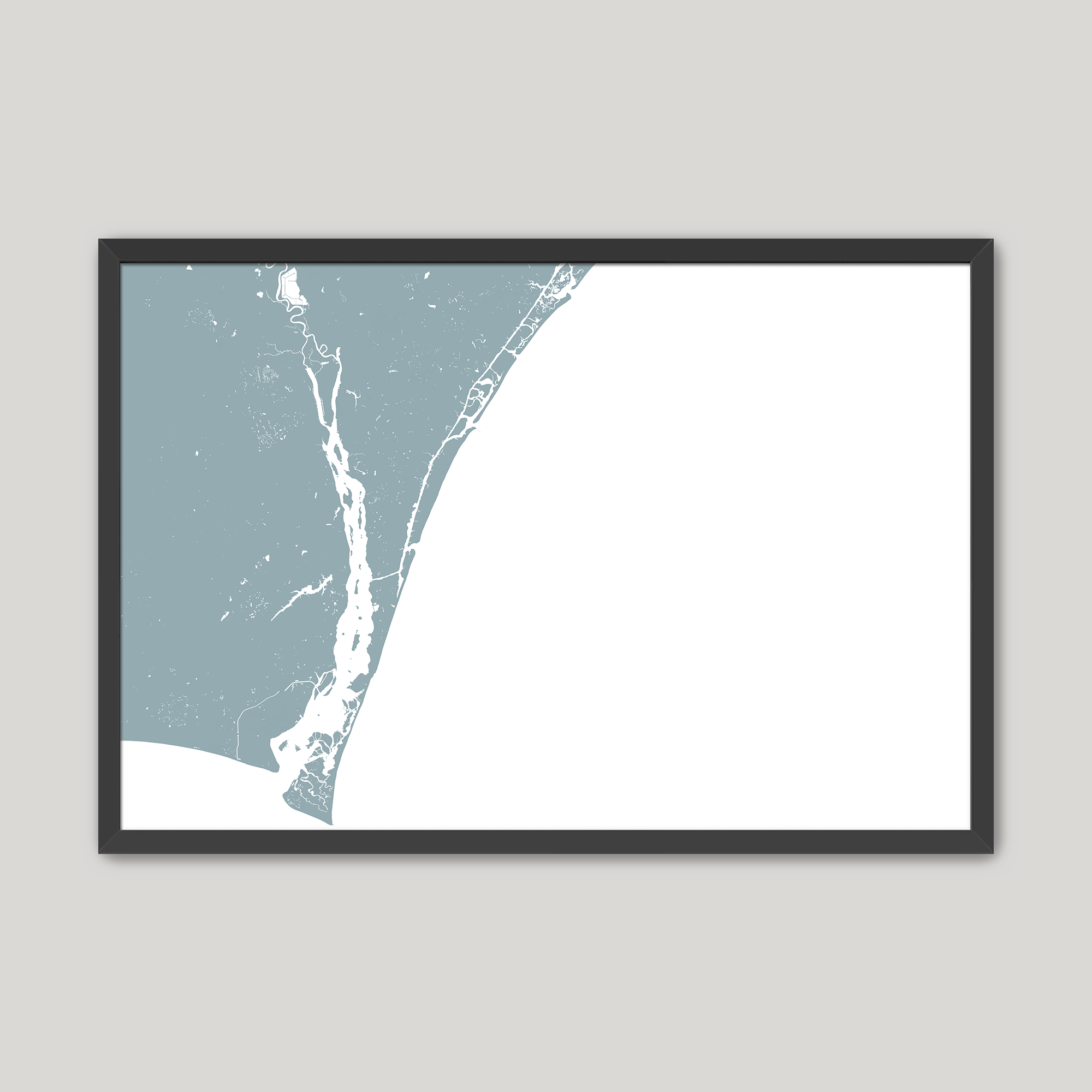 Wilmington Coastal Map — Fine Art Print Horizontal, soft-blue, Black Frame, 10x8
