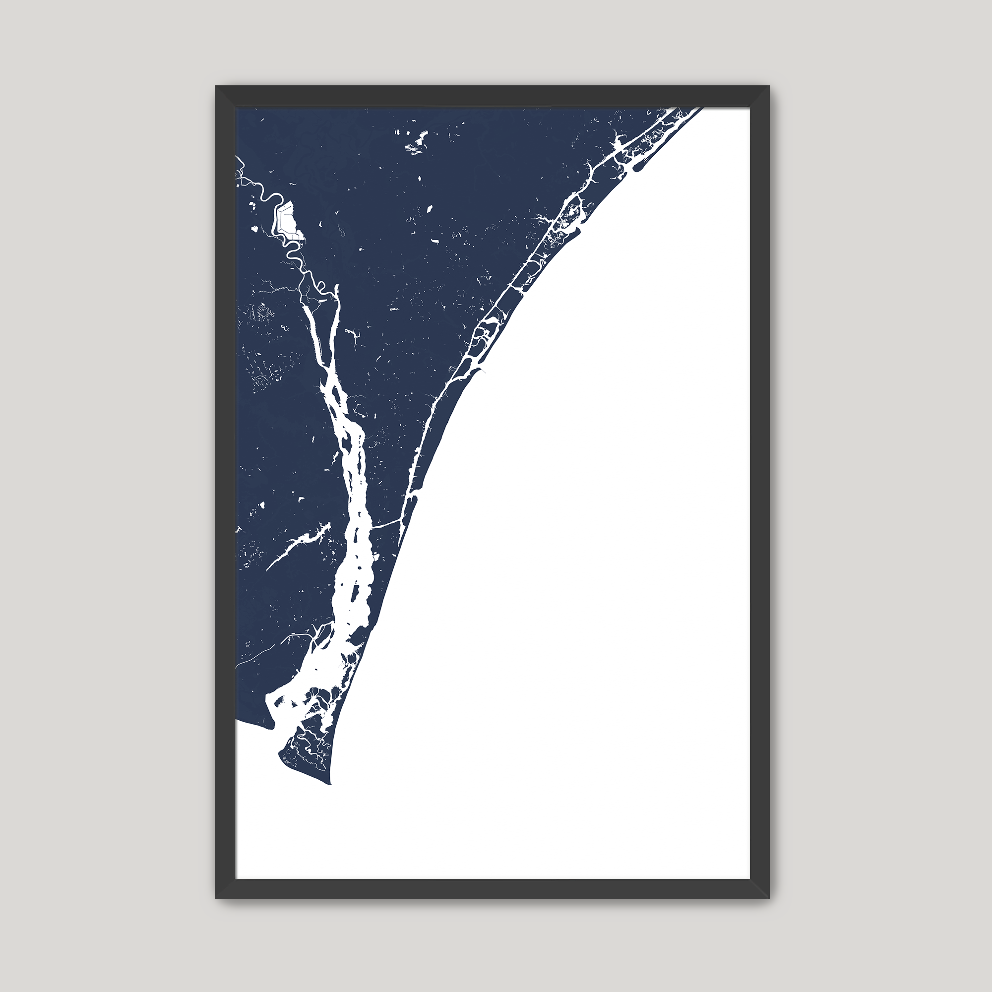 Wilmington Coastal Map — Fine Art Print Vertical, navy, Black Frame, 8x10