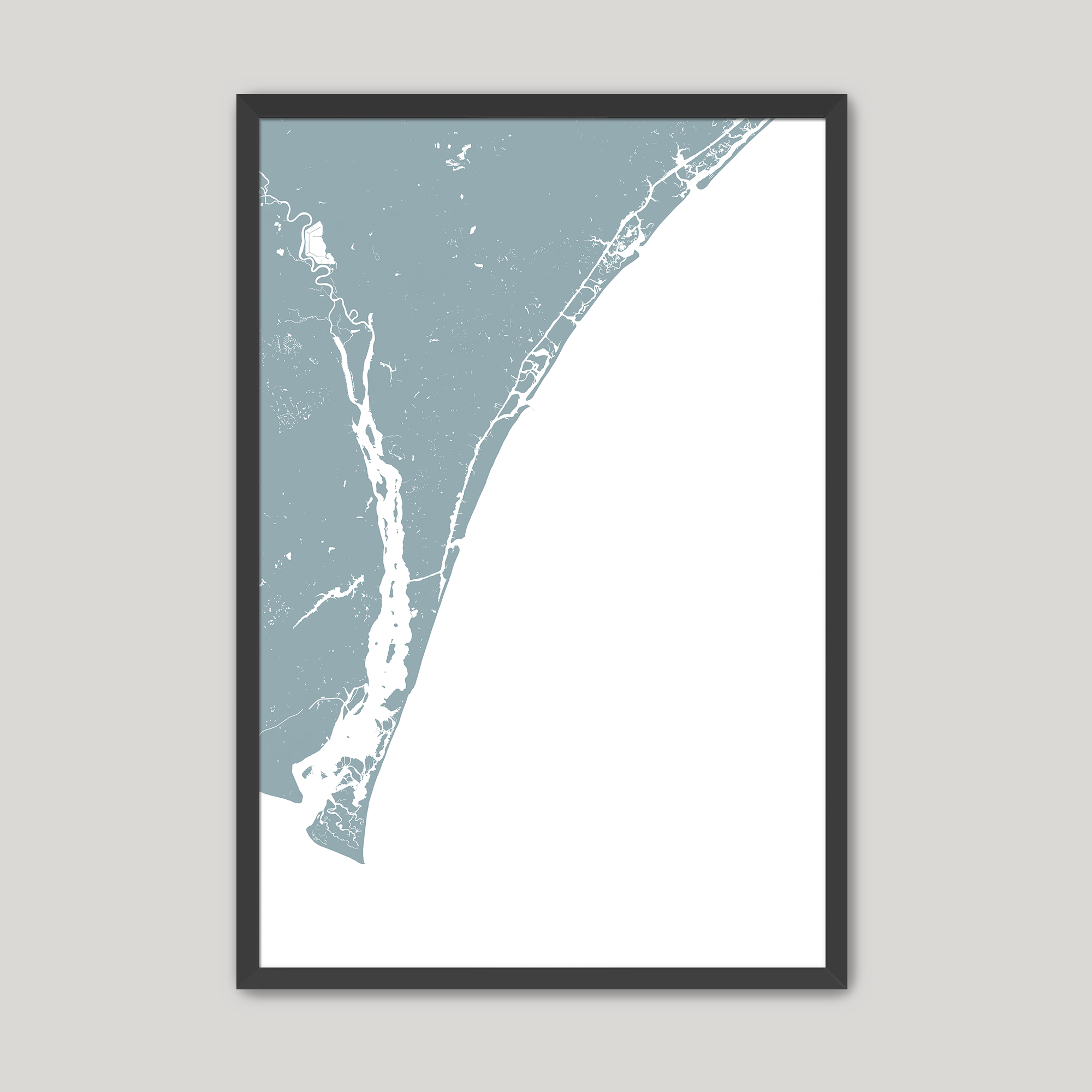 Wilmington Coastal Map — Fine Art Print Vertical, soft-blue, Black Frame, 8x10