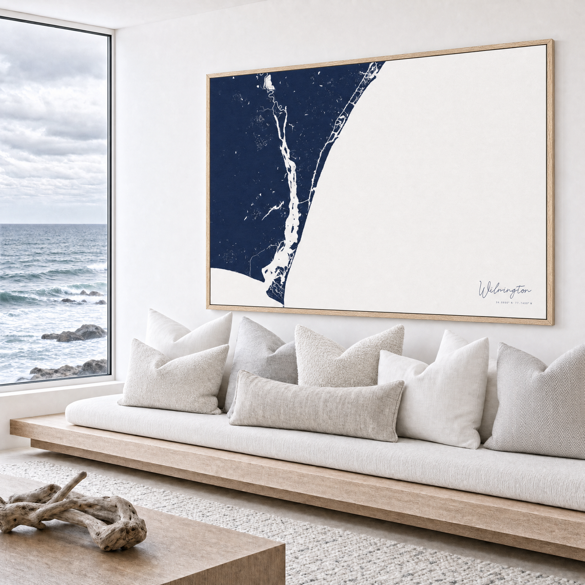 Wilmington canvas map — sea-view bench interior